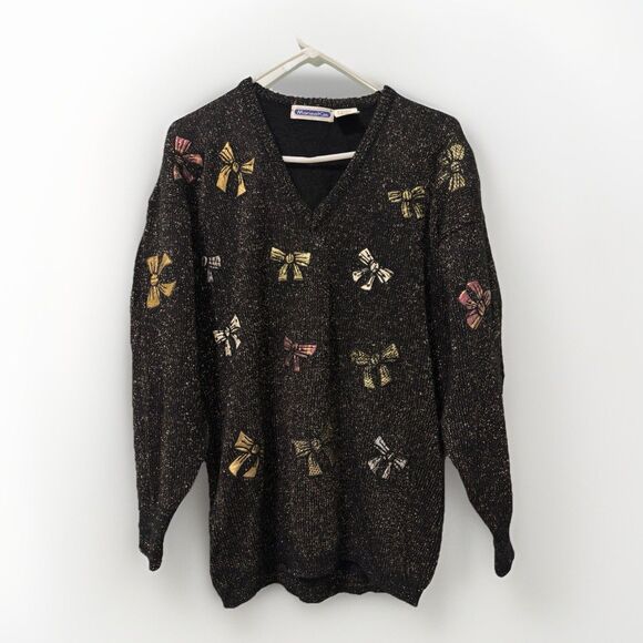 Vintage Mariea Kim Knitted Sweater Metallic glitter Bow Details Black Sz M - Picture 3 of 11